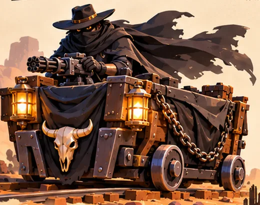 The Ghost Rider, cloaked, on a cart draped in black cloth